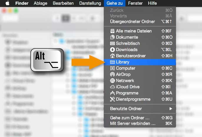 Klicken Sie im Finder auf »Gehe zu« und drücken sie dann die »Alt«-Taste. Voila – da ist die User-Library!
