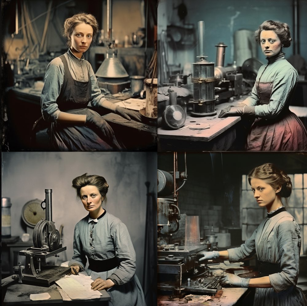 subtle hand-colored daguerreotype, female scientist in retrofuturism laboratory, gray and black, pulled, scraped, and scratched --no frame