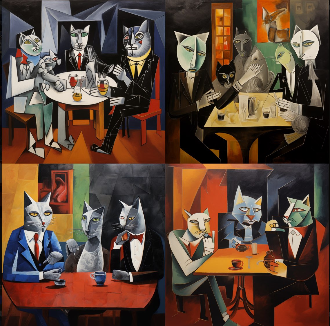 cubistic painting, anthropomorph cats in evening suits, drinkin coffee in a bar, by pablo picasso