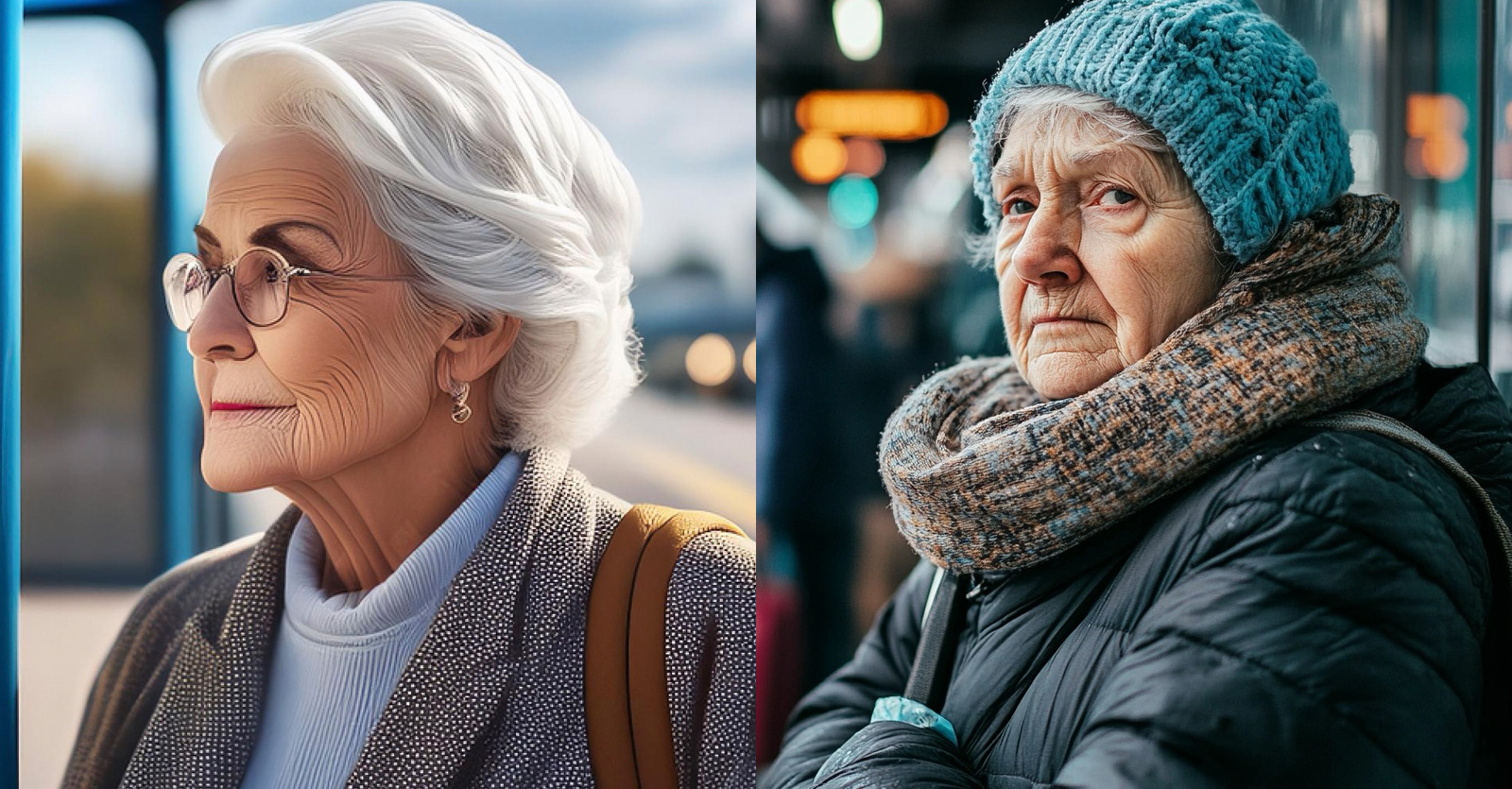 Prompt: »old woman waiting at a bus station«. Links das Ergebnis von Adobes aktuellem Modell Firefly 3, rechts das von Midjourney. Beide sind nicht perfekt, aber der Qualitätsunterschied im Hinblick auf Fotorealismus ist frappierend. Enttäuschend ist vor allem, dass die Ergebnisse von Firefly 2 in der Regel bereits deutlich besser waren als das hier gezeigte Resultat von Firefly 3.
